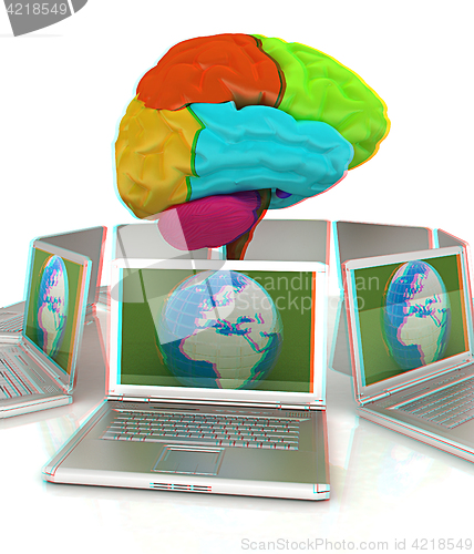 Image of Global computer brain connected to the network. 3d render. Anagl