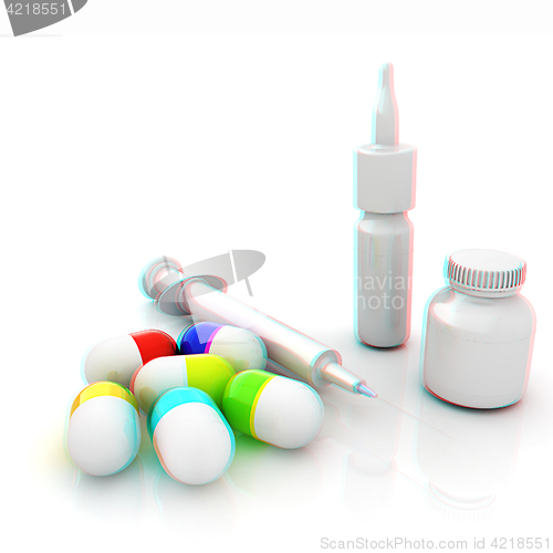 Image of Syringe, tablet, pill jar. 3D illustration. Anaglyph. View with 
