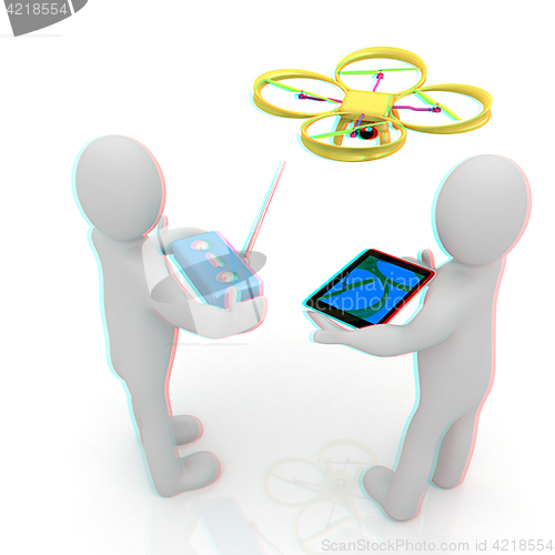 Image of 3d white people. Man flying a white drone with camera. 3D render