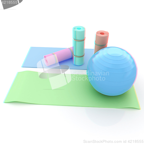 Image of karemat and fitness ball. 3D illustration. Anaglyph. View with r