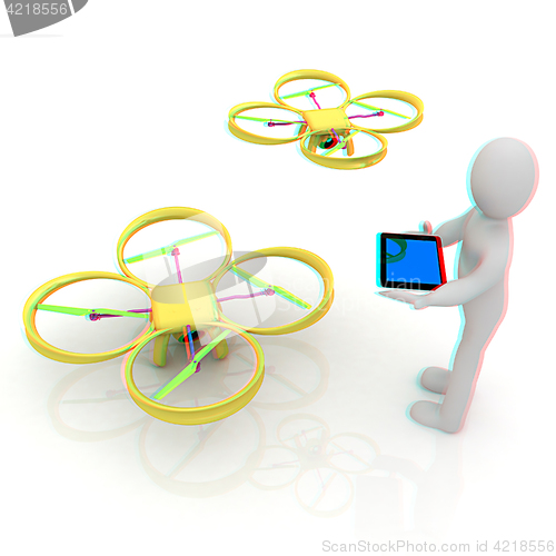 Image of 3d white people. Man flying a white drone with camera. 3D render