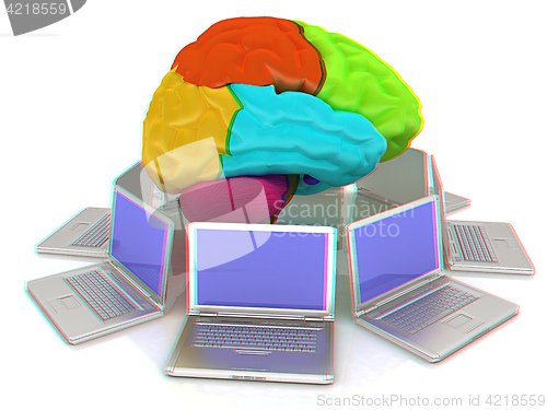 Image of Computers connected to central brain. 3d render. Anaglyph. View 