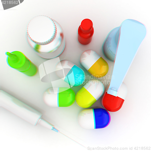 Image of Syringe, tablet, pill jar. 3D illustration. Anaglyph. View with 