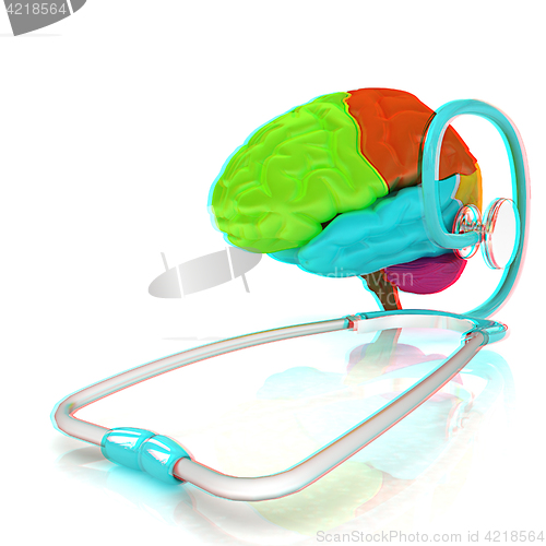 Image of stethoscope and brain. 3d illustration. Anaglyph. View with red/