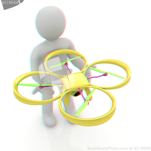 Image of 3d man with drone, quadrocopter, with photo camera. 3d render. 3