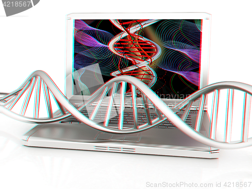 Image of Laptop with dna medical model background on laptop screen. 3d il