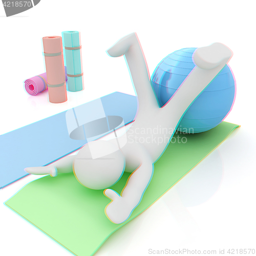 Image of 3d man on a karemat with fitness ball. 3D illustration. Anaglyph