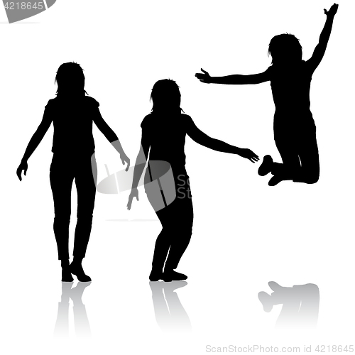 Image of Silhouette of three young girls jumping with hands up, motion. illustration