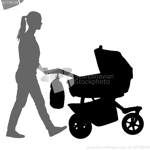 Image of Black silhouettes Family with pram on white background. illustration