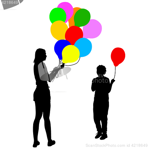Image of Black silhouettes of woman gives child a balloon. illustration