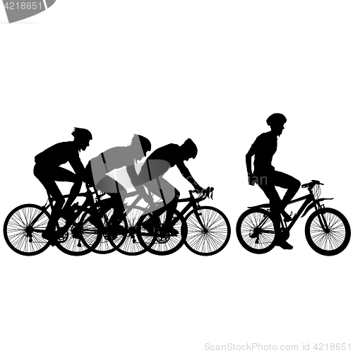 Image of Silhouettes of racers on a bicycle, fight at the finish line