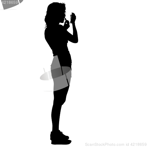 Image of Black silhouette woman paint lipstick, people on white background