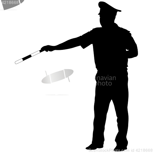 Image of Black silhouettes of Police officer with a rod on white background