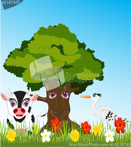 Image of Tree and animals on glade