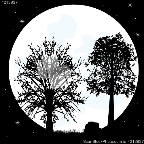 Image of Silhouettes tree on background of the moon