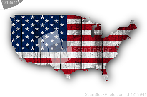 Image of Map and flag of the USA on weathered wood