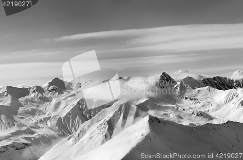 Image of Black and white panorama of winter snow mountains