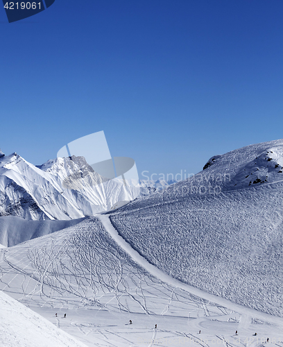 Image of Top view on ski slope at nice sun day