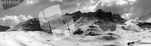 Image of Black and white panorama of snowy mountains