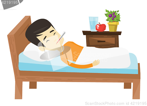 Image of Sick man with thermometer laying in bed.