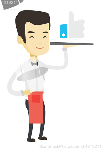 Image of Waiter with like button vector illustration.