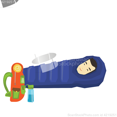 Image of Man sleeping in sleeping bag in the mountains.