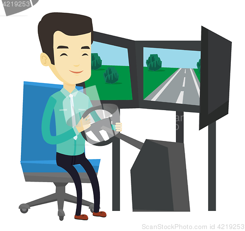 Image of Man playing video game with gaming wheel.