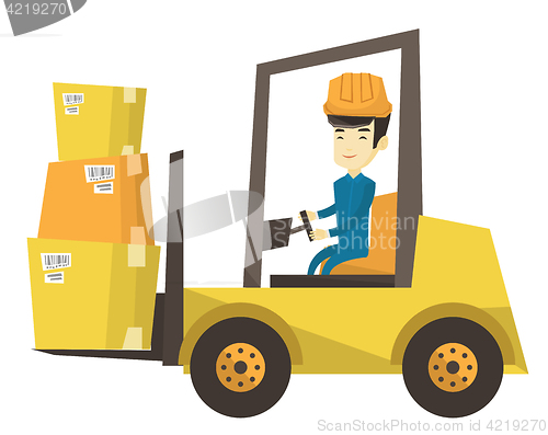 Image of Warehouse worker moving load by forklift truck.