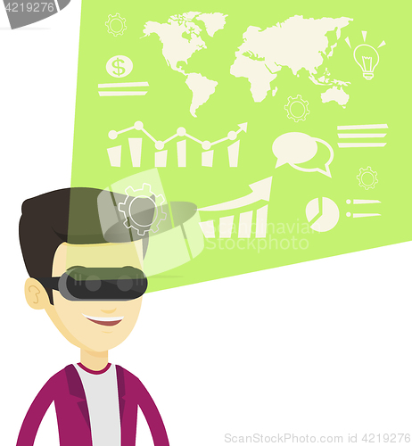 Image of Businessman in vr headset analyzing virtual data