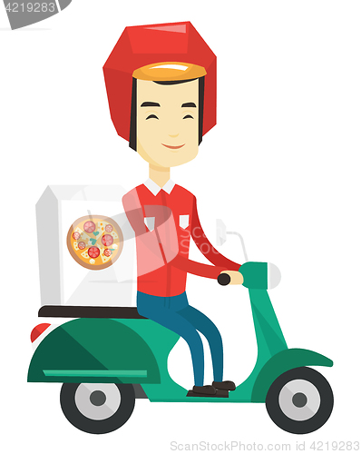 Image of Man delivering pizza on scooter.