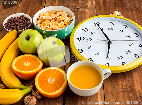 Image of Healthy home made breakfast of muesli, apples, fresh fruits and walnuts