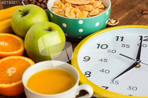 Image of Healthy home made breakfast of muesli, apples, fresh fruits and walnuts