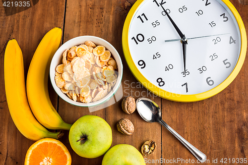 Image of Healthy home made breakfast of muesli, apples, fresh fruits and walnuts