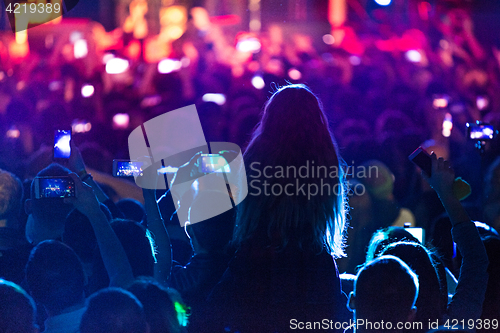 Image of The silhouettes of concert crowd in front of bright stage lights