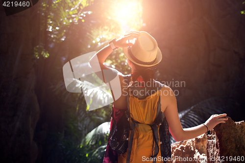 Image of Woman in ravine with palms