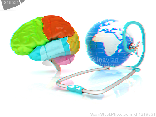 Image of stethoscope, globe, brain - global medical concept. 3d illustrat