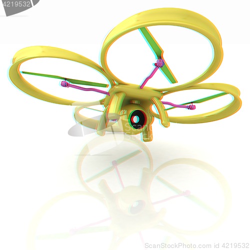 Image of Drone, quadrocopter, with photo camera. 3d render. Anaglyph. Vie