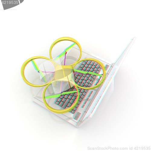 Image of Drone and laptop. 3D render. Anaglyph. View with red/cyan glasse