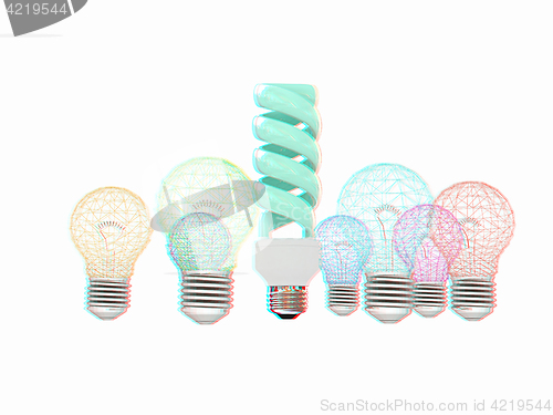 Image of energy-saving lamps. 3D illustration. Anaglyph. View with red/cy