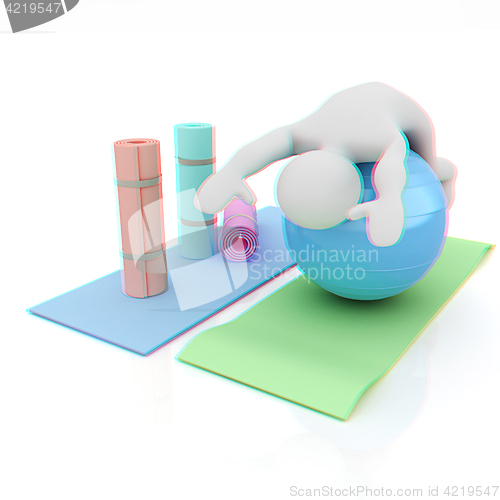 Image of 3d man on a karemat with fitness ball. 3D illustration. Anaglyph