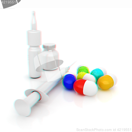 Image of Syringe, tablet, pill jar. 3D illustration. Anaglyph. View with 