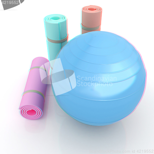 Image of karemat and fitness ball. 3D illustration. Anaglyph. View with r