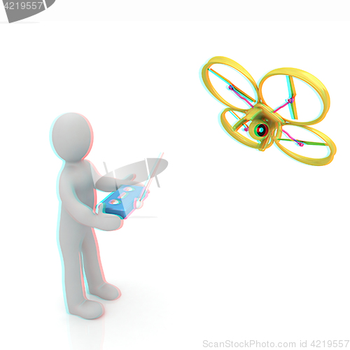 Image of 3d man with drone, quadrocopter, with photo camera. 3d render. 3