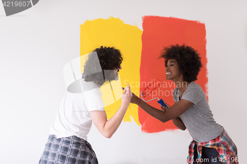 Image of multiethnic couple painting interior wall