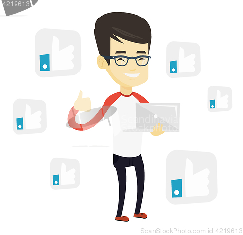 Image of Man with like social network buttons.