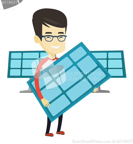 Image of Man holding solar panel vector illustration.