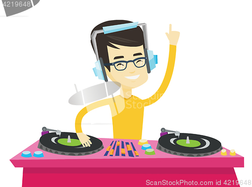 Image of DJ mixing music on turntables vector illustration.