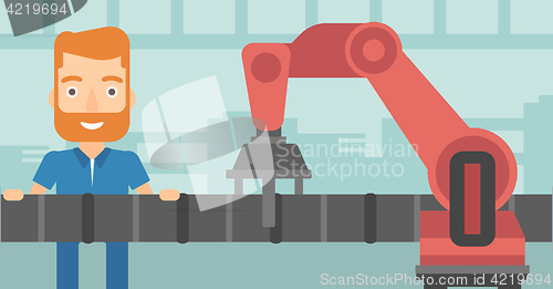 Image of Refinery worker and robotic arm repairing pipeline