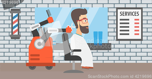 Image of Robot hairdresser making haircut to a hipster man.