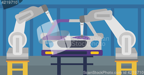 Image of Robotic arm painting car in a production line.